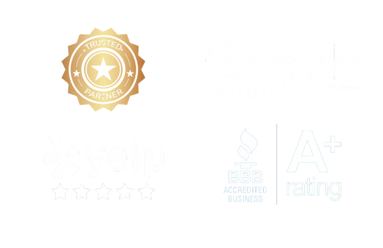 Trusted Partner badge, Google reviews, Yelp five-star rating and BBB A+ accredited business